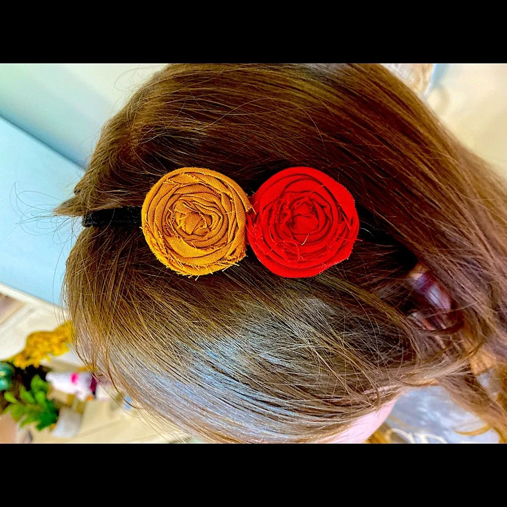 Rosette Red & Gold 8.5” Black Stretchy Headband